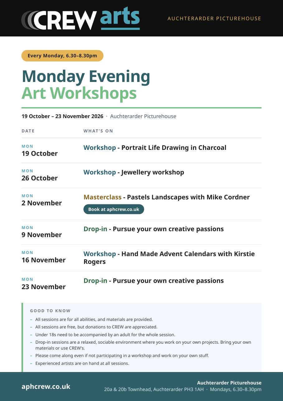 CREW Arts Monday evening workshops poster